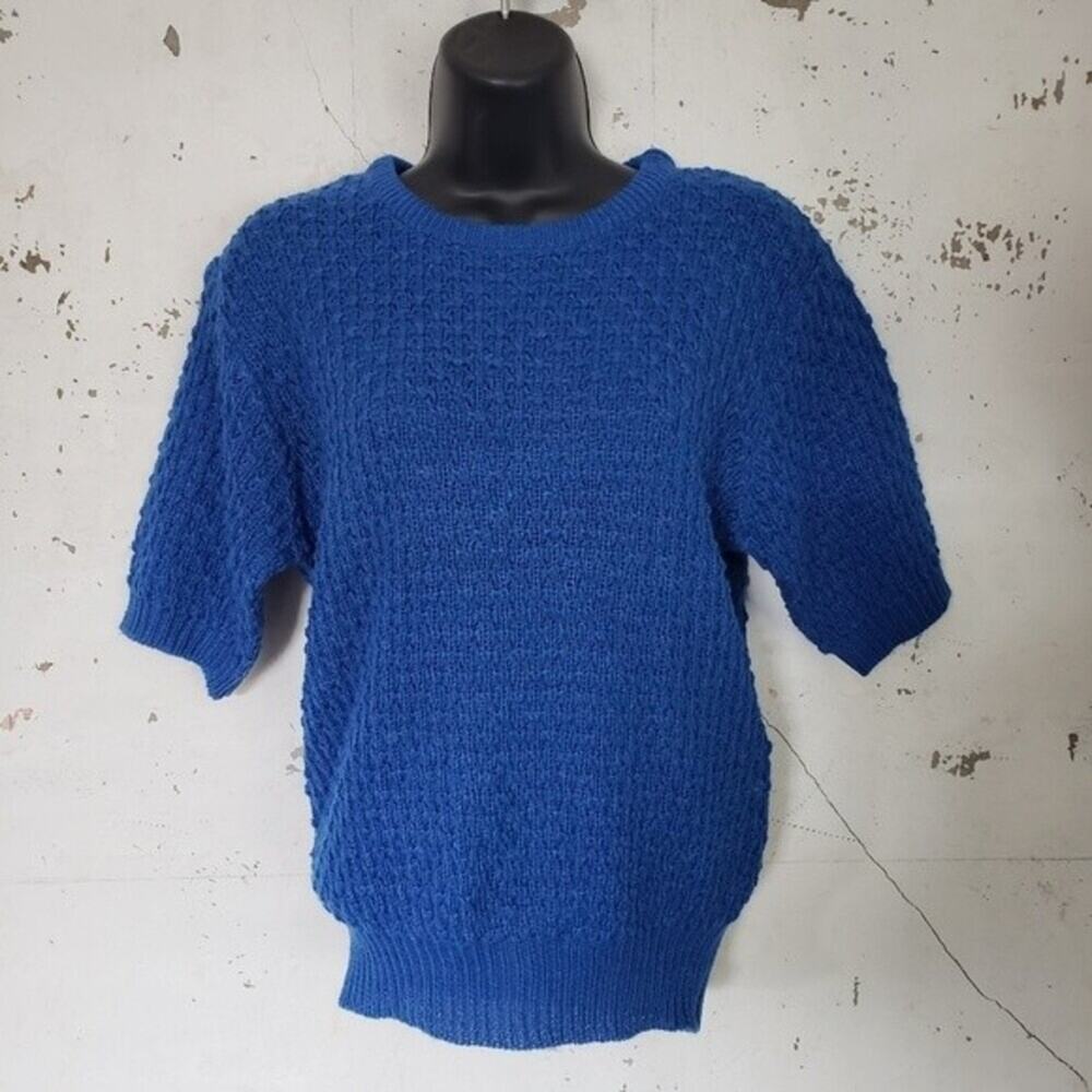 Knitmakers Women's VINTAGE Academia Blue Soft Knit Short Sleeve Sweater Small